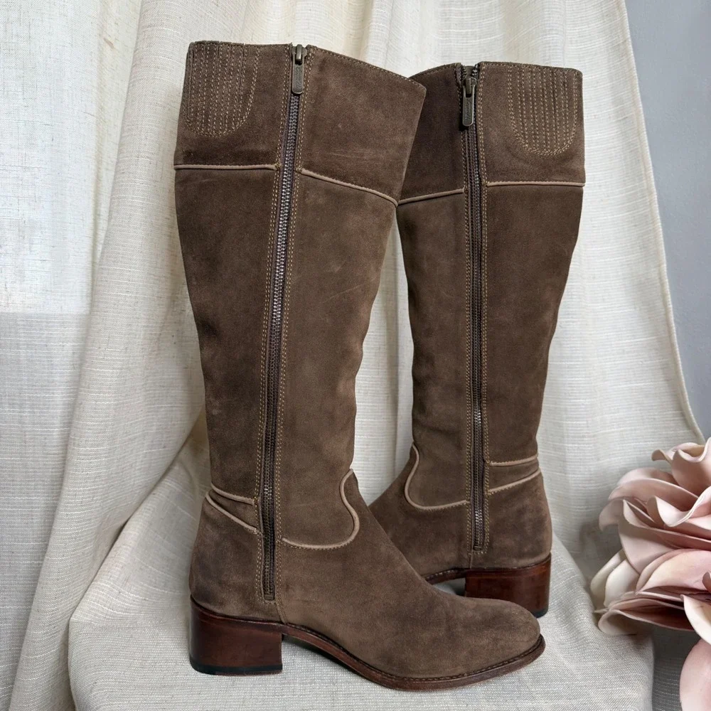 Two24 Ariat Suede Leather Tall Boots Heel Side Zip Brown Spain Women Shoe Size 8